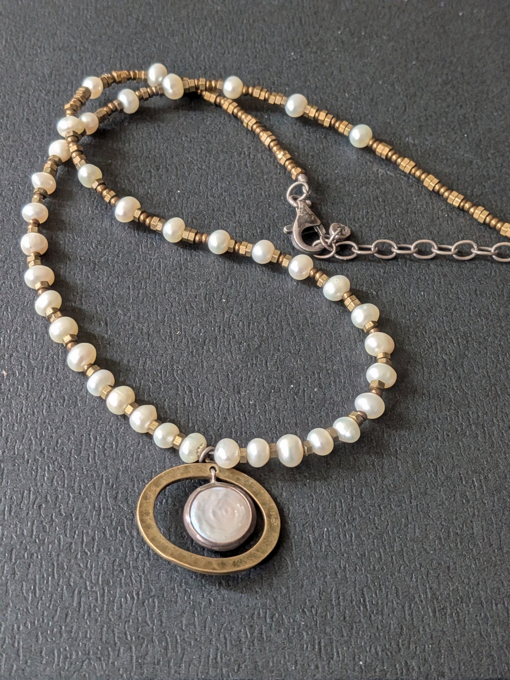 Silpada "Go Coastal" Pearl and Brass Double-Ring Pendant Necklace - White Pearls